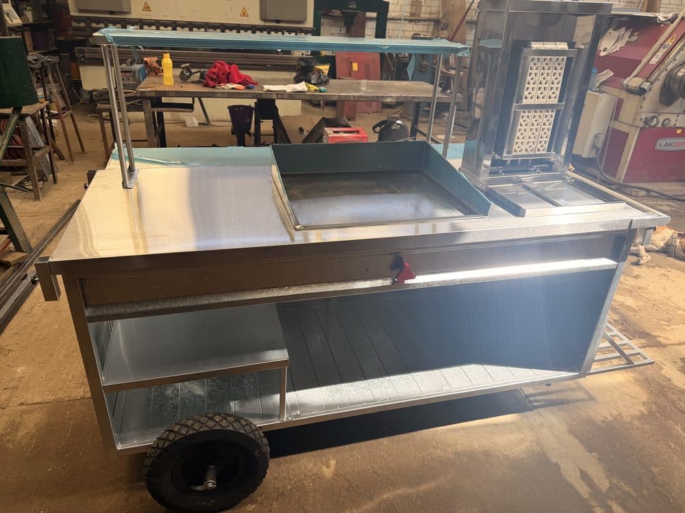Carrito de comida con plancha, de acero inoxidable